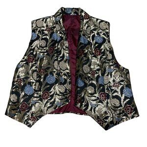 Handmade Floral Brocade Open Front Vest Sz M With Burgundy Lining
